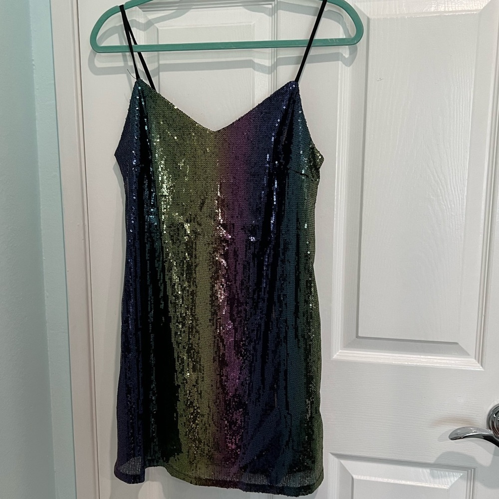Strap rainbow sequin dress